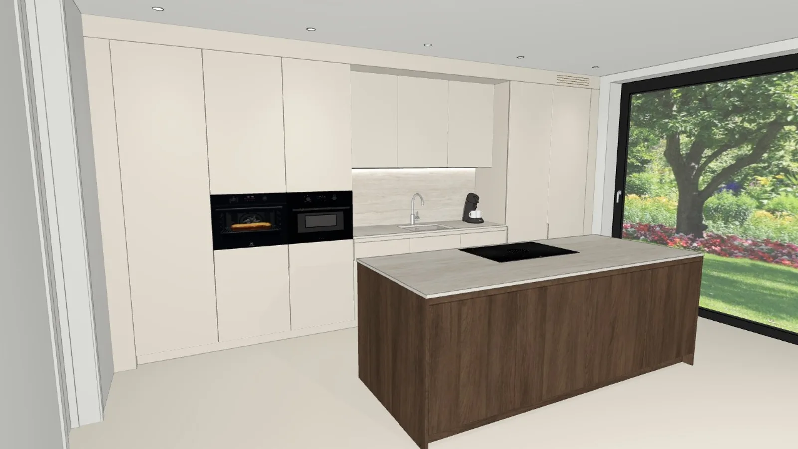 The flat 3D render of a kitchen, as exported from the modelling tool