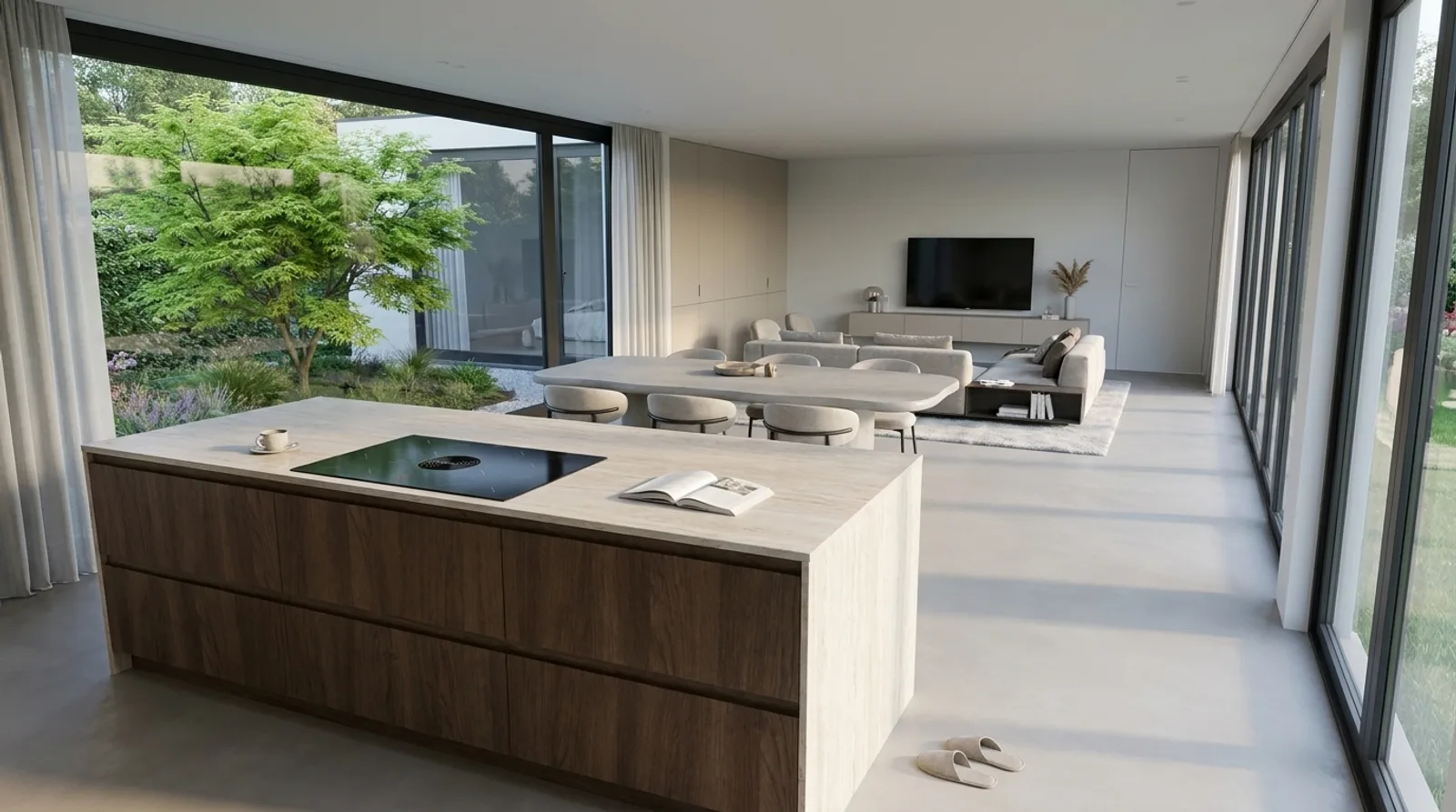A generated courtyard garden seen through full-height glazing