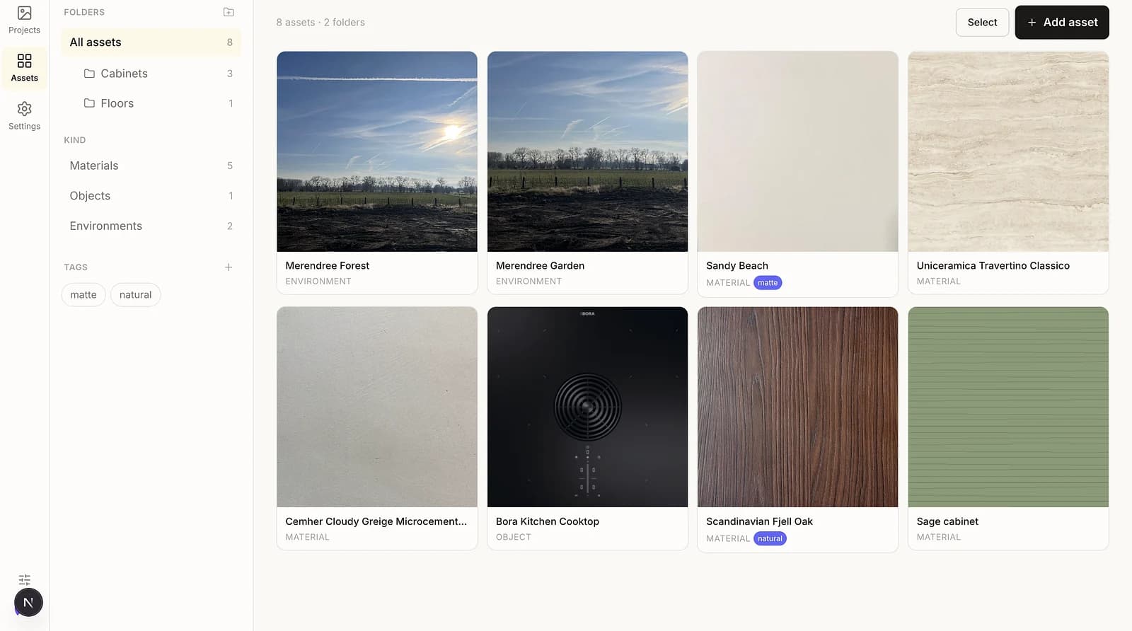 The Timagine material catalog: folders and kinds on the left, a grid of supplier samples and public-library materials with category labels